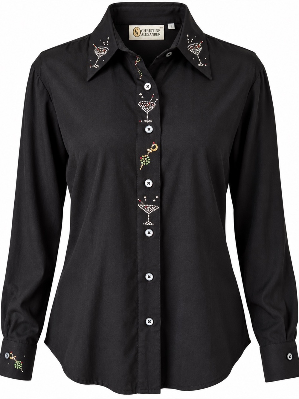 Vintage 90s Rhinestone Martini Cocktail Black Button Down Shirt Small